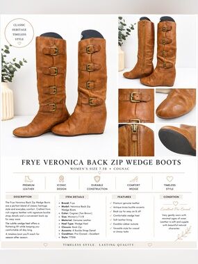 Frye Cognac Leather Buckle Back-Zip Wedge Boots